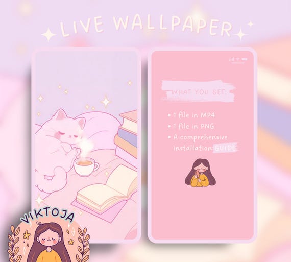 Pink Cat Live Wallpaper: Kawaii iOS/Android Background (MP4 & PNG)