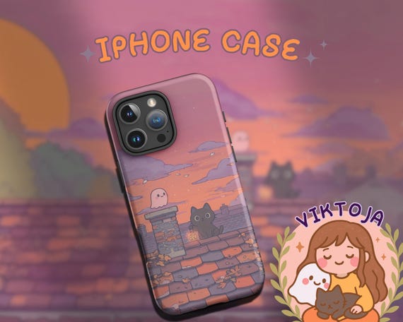 Autumn Cat & Ghost iPhone Case: Spooky Fall Sunset Rooftop Art