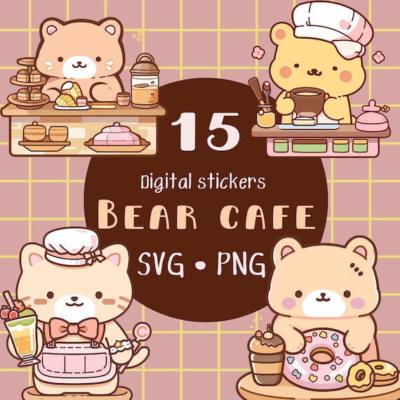Bear Cafe Kawaii Clipart: Anime Animal PNG SVG (Digital Download)