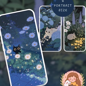 May include: Phone case designs with illustrations of cats in a garden. The designs show a black cat amongst flowers, a white cat with blue hydrangeas, and a grey cat resting in a flower bed. The text "6 Portrait Size" is visible.