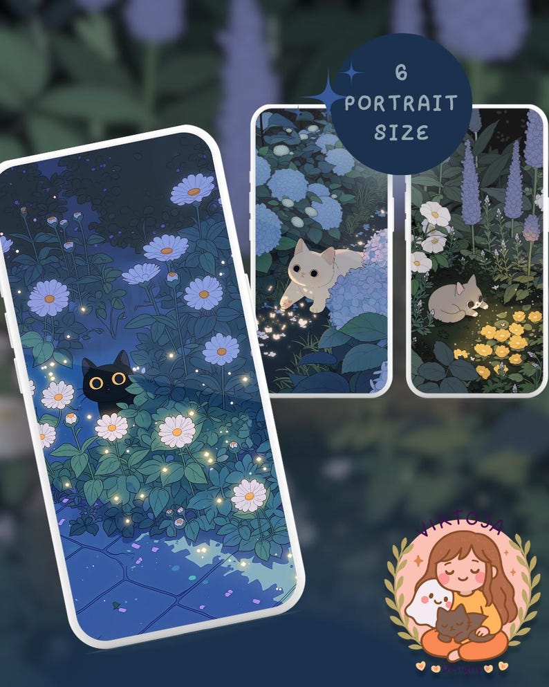 May include: Phone case designs with illustrations of cats in a garden. The designs show a black cat amongst flowers, a white cat with blue hydrangeas, and a grey cat resting in a flower bed. The text "6 Portrait Size" is visible.