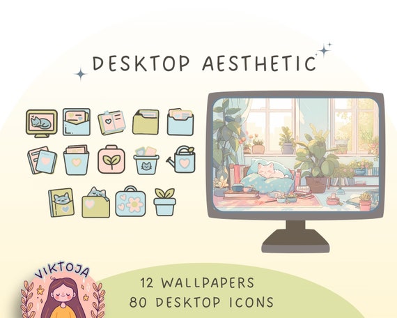 Cozy Cat Desktop Wallpaper Bundle: Boho Kawaii Icons (Digital Download)