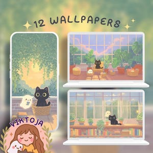 Inky and Ghosty plants and books wallpaper green wallpaper lofi wallpaper anime kawaii wallpaper aesthetic desktop cat wallpaper
