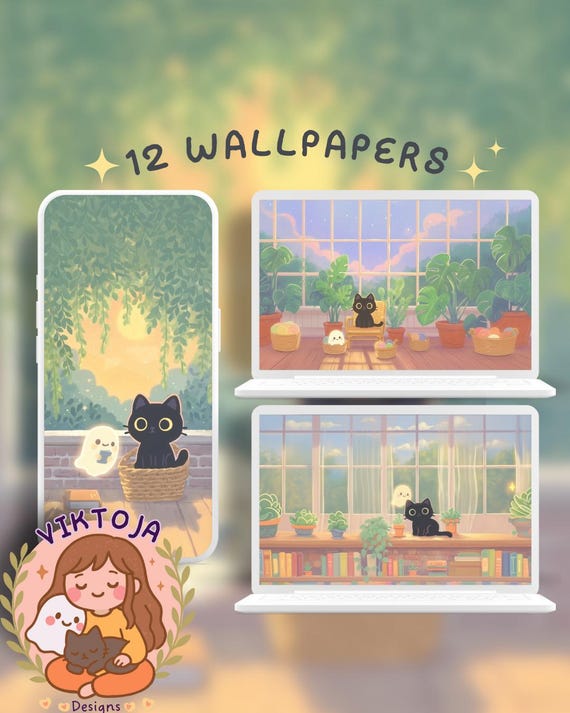 Green Plants, Cat & Ghost Wallpapers: Kawaii Desktop, Mobile (Digital Download)