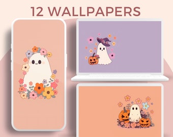 Retro Halloween Ghost Wallpaper Set, Rainbow (Digital Download)