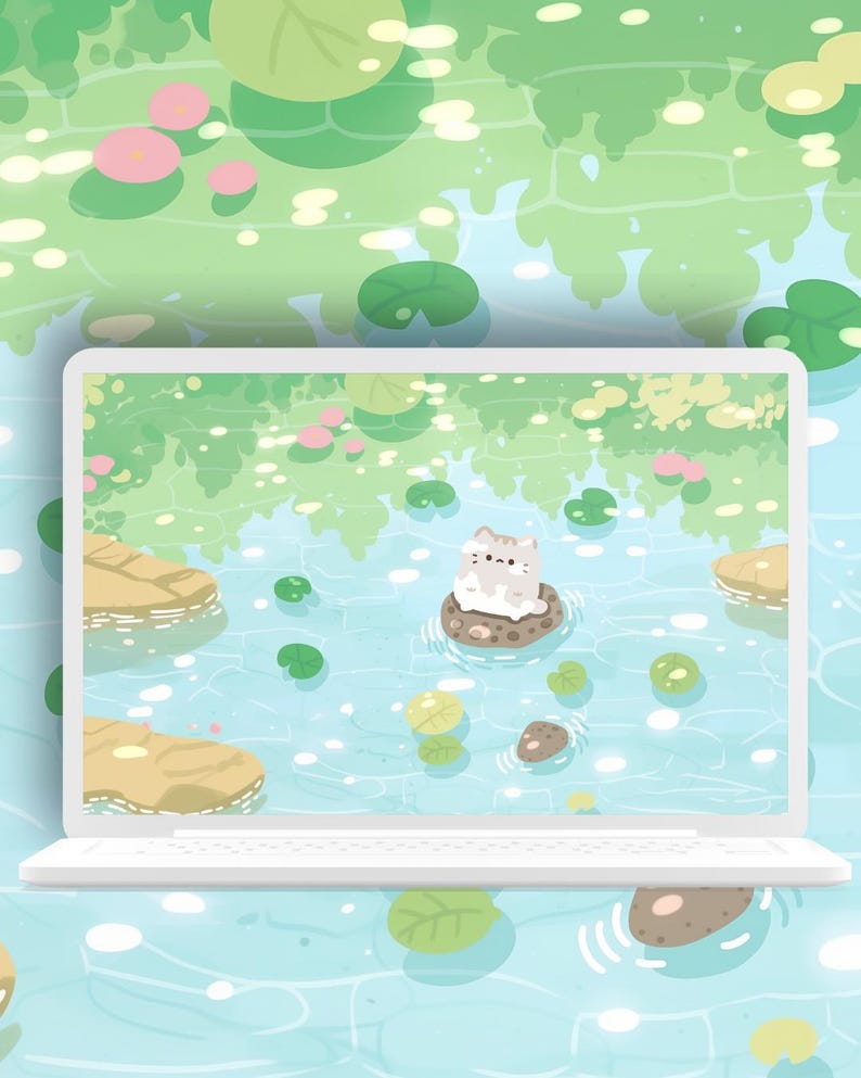 May include: A white laptop displays a whimsical illustration of a pond scene. The artwork features a cartoon cat on a lily pad, surrounded by lily pads and water. The background shows a green and blue pond with reflections.