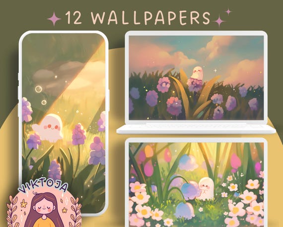 Pastel Spring Ghost Wallpaper Set, Kawaii Phone & Desktop Backgrounds (Digital Download)