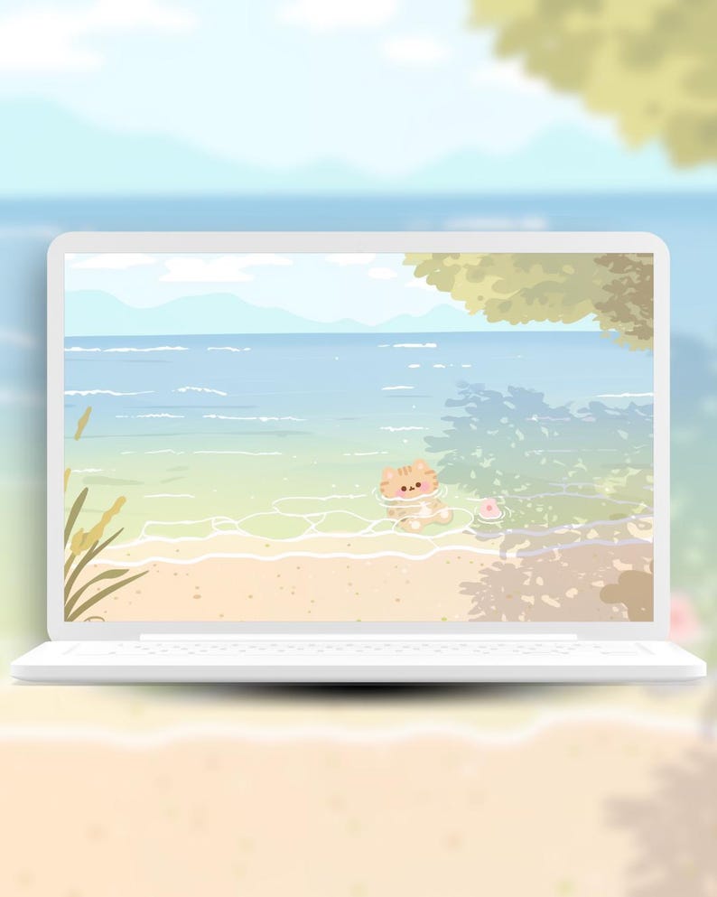 May include: A white laptop displays a serene beach scene. The screen shows a cartoon cat in the ocean, with a sandy shore, blue water, and a light blue sky. The laptop is on a sandy surface.