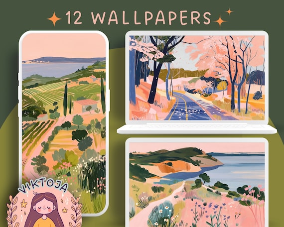 Pastel Landscape Wallpaper Set, Phone Tablet Desktop Backgrounds (Digital Download)