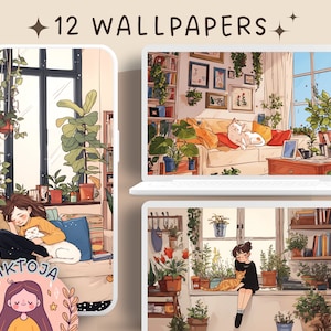 Fondo de pantalla de gatos y plantas, plantas, libros, acogedor, fondo de pantalla de escritorio, paquete de fondo de pantalla bohemio, fondo de pantalla kawaii, gatos y plantas