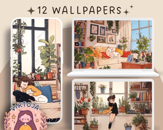 Cats and Plants Wallpaper Bundle: Cozy Kawaii Desktop (Digital Download)