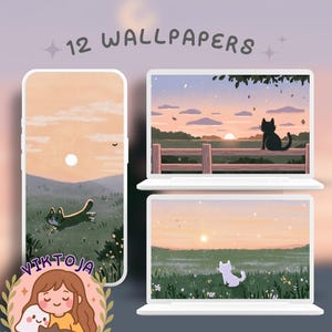May include: A digital collection of 12 wallpapers displayed on a smartphone and two laptop screens. The illustrations feature cats in outdoor landscapes at sunset, with soft pastel colors, green fields, and a logo with the text VIKTOJA Designs.