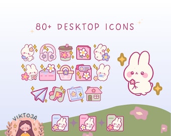 May include: A set of 80+ desktop icons featuring cute bunny illustrations with floral accents. The icons include folders, a coffee cup, headphones, a house, a music note, and a paper airplane. The icons are in a pastel color palette with pink, blue, and green accents.