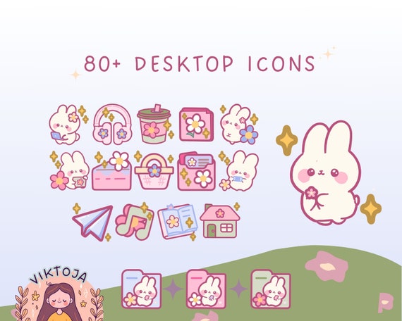 Flower Bunny Desktop Icons: Kawaii Pastel Theme (80 PNG & ICO)