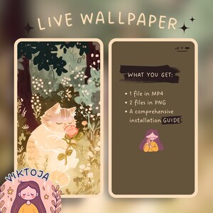 May include: A digital illustration of a cat in a woodland setting, sniffing a pink rose. The image is part of a live wallpaper set, which includes one MP4 file and two PNG files. The listing also includes a comprehensive installation guide.