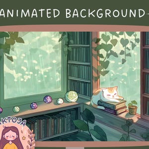 Puede incluir: Una ilustración digital de una habitación acogedora con una ventana, estanterías y un gato durmiendo sobre una pila de libros. La ventana está abierta y llueve afuera. La habitación está decorada con plantas y orbes coloridos.