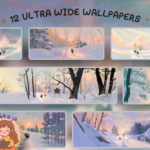 Peut inclure: Ensemble de 12 fonds d'écran ultra-larges représentant des illustrations de paysages hivernaux. Chaque scène montre des environnements enneigés avec des personnages et des animaux, dans une palette de couleurs pastel. Le texte "12 ULTRA WIDE WALLPAPERS" est affiché en haut.