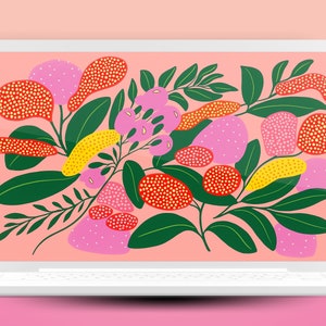May include: A laptop computer screen displaying a digital illustration of pink, red, and yellow flowers with green leaves on a light pink background.