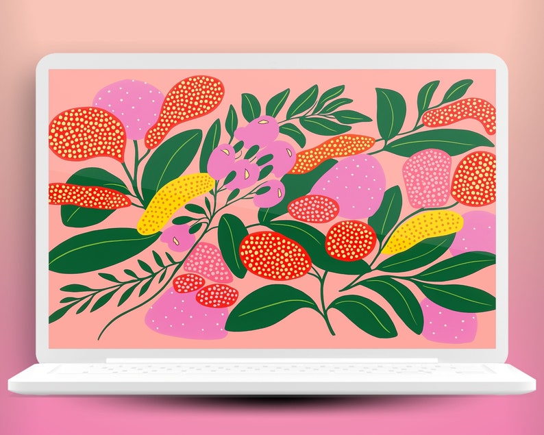May include: A laptop computer screen displaying a digital illustration of pink, red, and yellow flowers with green leaves on a light pink background.