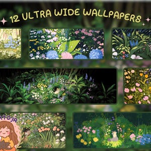 Pode incluir: Uma imagem com 12 papéis de parede ultra largos com cenas da natureza. Os papéis de parede mostram várias paisagens florais e florestais, com cores vibrantes e ilustrações detalhadas de flores, árvores e folhagens. O texto "12 ULTRA WIDE WALLPAPERS" é exibido no topo.