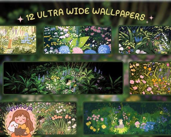 Spring Flower Cat kawaii Ultrawide Wallpaper Set Desk Setup Desktop for 21:9 32x9