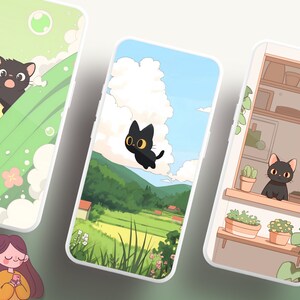 Cozy Black Cat Wallpaper Set: Kawaii Anime Backgrounds (digital ...
