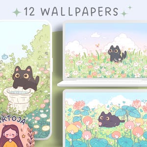 Fondo de pantalla de gato negro primaveral con flores kawaii fondo de pantalla pastel fondo de pantalla rosa lindo protector de pantalla fondo kawaii fondo de pantalla de flores para teléfono