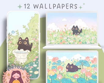 May include: A set of 12 digital wallpapers featuring cute black cats in various settings. The wallpapers have a pastel color scheme and feature flowers, plants, and other nature-inspired elements.