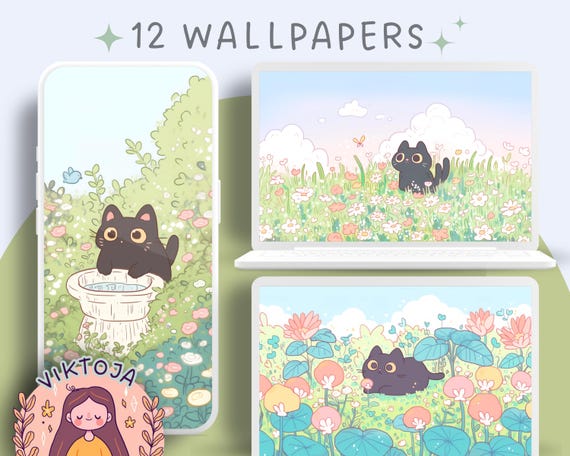 Kawaii Black Cat Spring Flower Wallpaper: 12 Pastel Phone & Desktop Backgrounds (Digital Download)