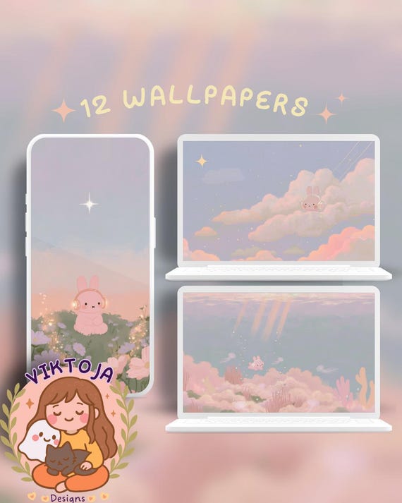 Pink Bunny Wallpaper: Pastel Kawaii Phone & Desktop Backgrounds (Digital Download)