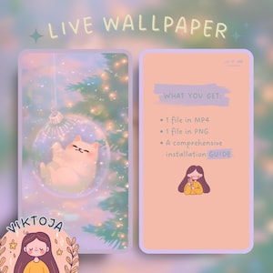 Puede incluir: Un fondo de pantalla animado digital que presenta un gato de dibujos animados durmiendo dentro de un adorno de vidrio colgado de un árbol de Navidad. El fondo es un degradado suave de rosa y azul con luces brillantes. El texto "LIVE WALLPAPER" está en la parte superior de la imagen. El texto "WHAT YOU GET:" está en el lado derecho de la imagen, seguido de una lista de los archivos incluidos: "1 archivo en MP4", "1 archivo en PNG" y "Una guía de instalación completa".