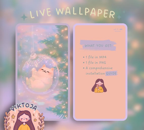 Cozy Christmas Cat Live Wallpaper: Kawaii Hygge iOS Android (MP4 & PNG)