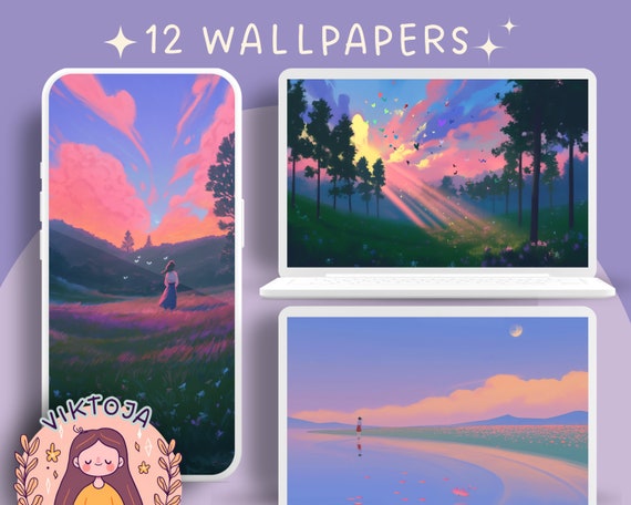 Pastel Meadow Wallpaper Set: Lofi Anime Clouds (Digital Download)