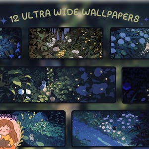 Könnte beinhalten: Illustration mit 12 Ultra-Wide-Wallpaper-Designs mit Naturszenen. Jede Szene zeigt einen Garten oder Wald mit Pflanzen, Blumen und kleinen Tieren. Die Farbpalette ist überwiegend dunkelgrün und blau, mit Akzenten in Weiß und Gelb.