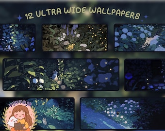 May include: An illustration featuring 12 ultra-wide wallpapers with nature scenes. Each scene depicts a different garden or forest setting, with various plants, flowers, and small animals. The color palette is primarily dark green and blue, with accents of white and yellow.