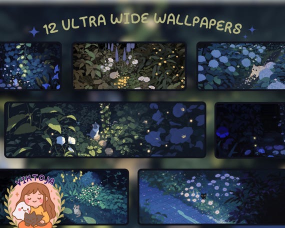 Kawaii night garden cats summer Ultrawide Wallpaper Set Desk Setup Desktop for 21:9 32x9