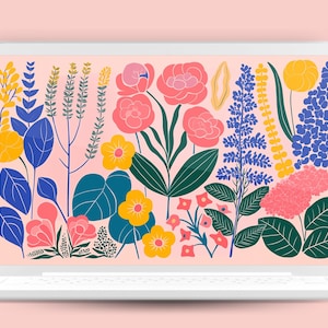 May include: A laptop screen displaying a digital illustration of a pink background with various colorful flowers and leaves. The flowers are in shades of pink, yellow, and blue.