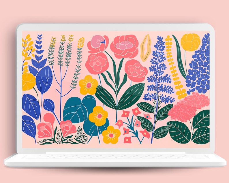 May include: A laptop screen displaying a digital illustration of a pink background with various colorful flowers and leaves. The flowers are in shades of pink, yellow, and blue.