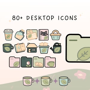 Iconos de gatos y plantas Matcha iconos de gatos de escritorio acogedores iconos de plantas de escritorio estéticas de escritorio iconos personalizados iconos boho verdes iconos kawaii