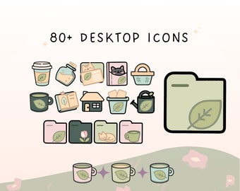 May include: A set of 80+ desktop icons featuring a green leaf theme. The icons include a coffee cup, a bottle, a book, a house, a watering can, a folder, and a cat. The icons are in a cartoon style and are perfect for adding a touch of nature to your desktop.
