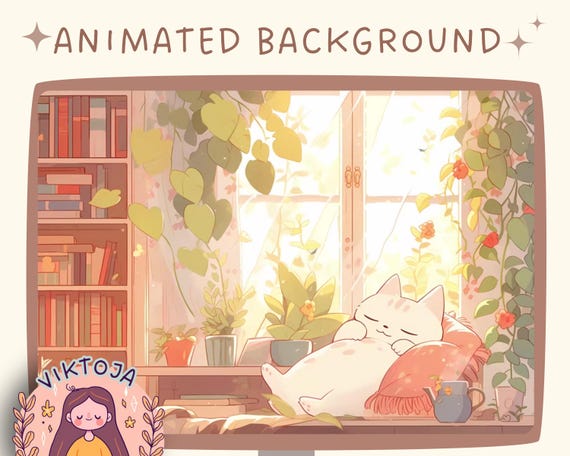Cozy Lofi Cat Animated Vtuber Background: Twitch Stream Overlay (MP4)