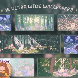 Könnte beinhalten: Eine Sammlung von 12 Ultra-Wide-Wallpapers mit Illustrationen. Jedes Wallpaper zeigt eine Katze in einer Blumen- oder Waldszene. Die Farbpalette umfasst Blau-, Grün- und Rosatöne und erzeugt eine verträumte Ästhetik.
