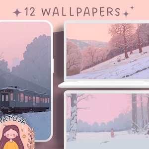 Pode incluir: Um conjunto de 12 papéis de parede digitais que apresentam cenas de inverno com uma combinação de cores rosa e azul. Os papéis de parede incluem um trem em uma floresta nevada, uma floresta nevada com uma pessoa caminhando e uma floresta nevada com um céu rosa.