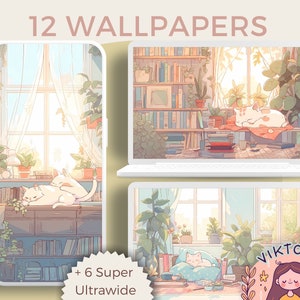 Cats wallpaper plants wallpaper books cozy Wallpaper desktop Bundle boho wallpaper kawaii Instant Download anime wallpaper cats and plants