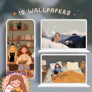 Könnte beinhalten: Digitales Kunstwerk mit einem Telefon und zwei Laptops, die gemütliche Illustrationen zeigen. Das Telefon zeigt ein Mädchen mit einer schwarzen Katze in einer Küche. Die Laptops zeigen ein Mädchen in einer Schneelandschaft und im Bett mit einer Katze. Text: "12 WALLPAPERS".