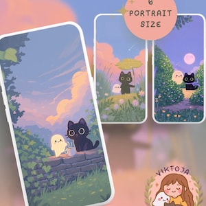May include: Phone cases with whimsical illustrations. One case features a black cat and a ghost enjoying tea. Another shows a cat under a mushroom umbrella. The third case depicts a cat with a scarf. The cases have a soft color palette and the text "6 Portrait Size".