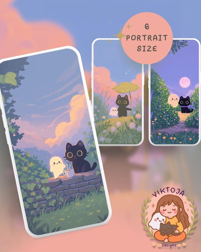 May include: Phone cases with whimsical illustrations. One case features a black cat and a ghost enjoying tea. Another shows a cat under a mushroom umbrella. The third case depicts a cat with a scarf. The cases have a soft color palette and the text "6 Portrait Size".
