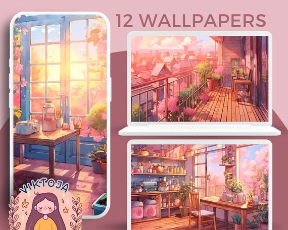 Pink Anime Wallpaper Set: Dreamy Pastel Meadow Scenes (Digital Download)