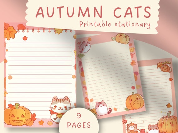 Autumn Cats Printable Stationery: Kawaii Lined Journal Pages (PDF)
