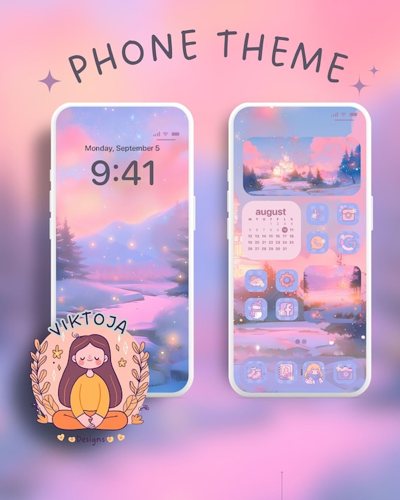 Dreamy Winter Phone Theme: Kawaii Icons & Wallpaper (Digital Download)
